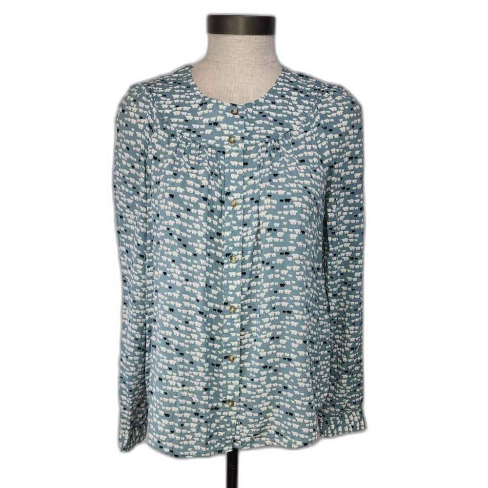 Conversations by Anthropologie Women's Blue Bear Print Button Down Blouse Size 6